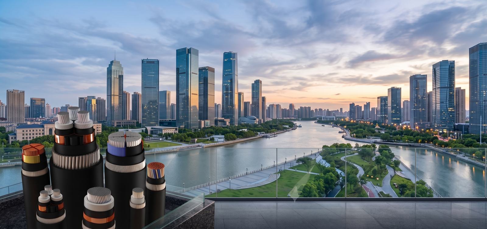 FINECAB electrical cables in front of a modern city skyline